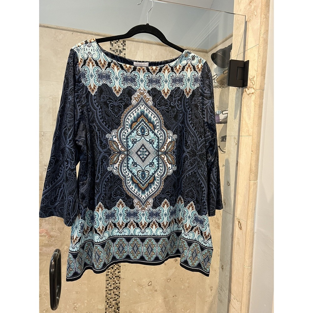 Charter Club Blouse Blue 3/4 Long Sleeve Nylon Tropical Medallion Women's 1X